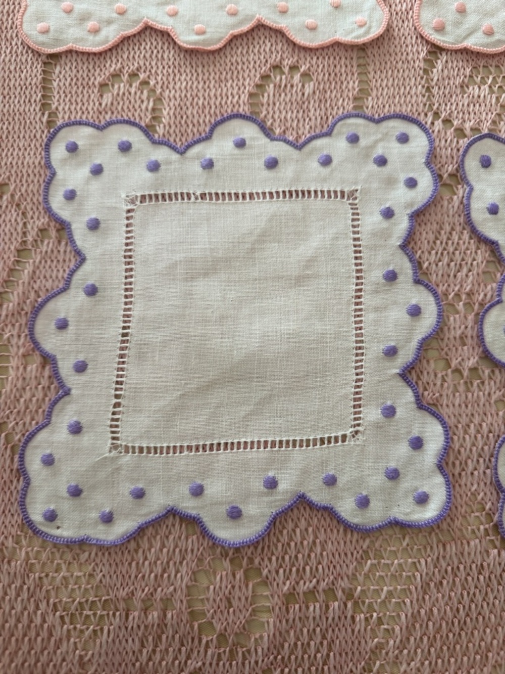 Vintage Embroidered Scalloped Linen cocktail napkins set of 12